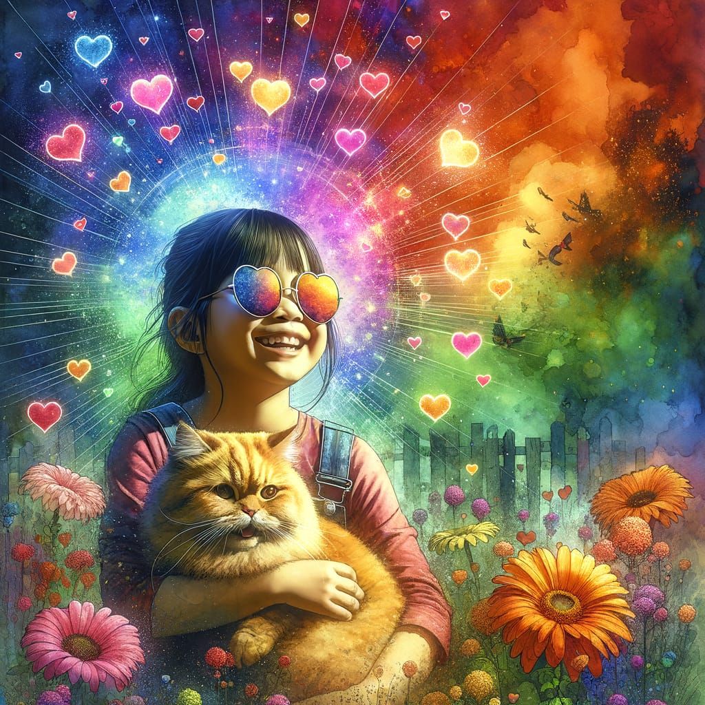 Girl with Cat in Flower Field: Watercolor Painting