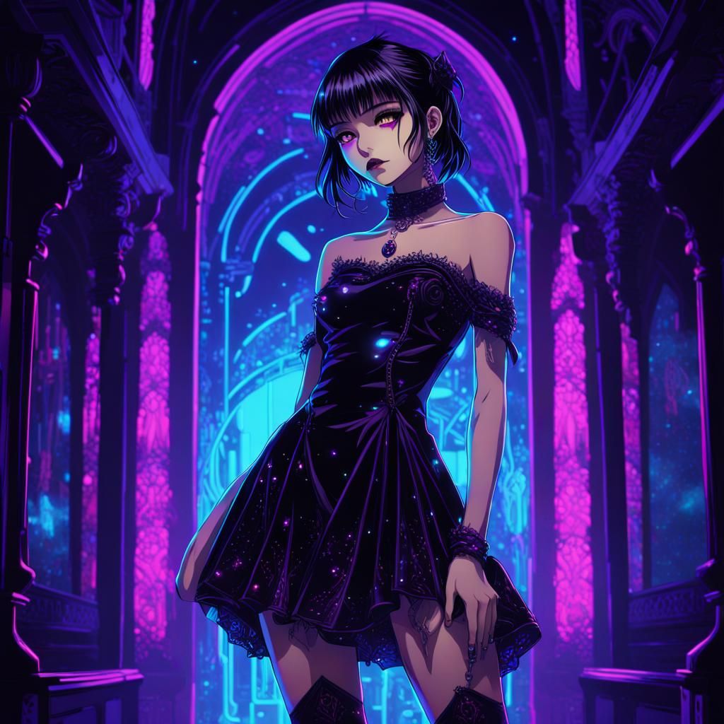 Gothic Anime Girl Under Blacklight in Neon City