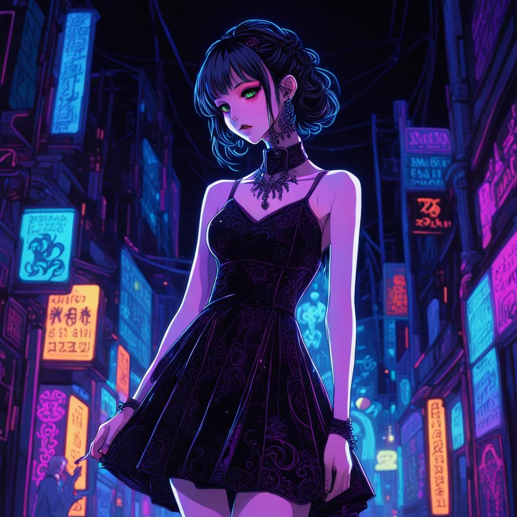 Neon Gothic Anime Girl in a Futuristic Festival