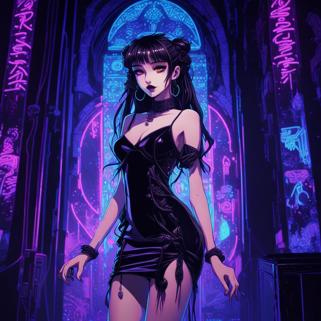 Gothic Anime Girl Under Blacklight in Neon City