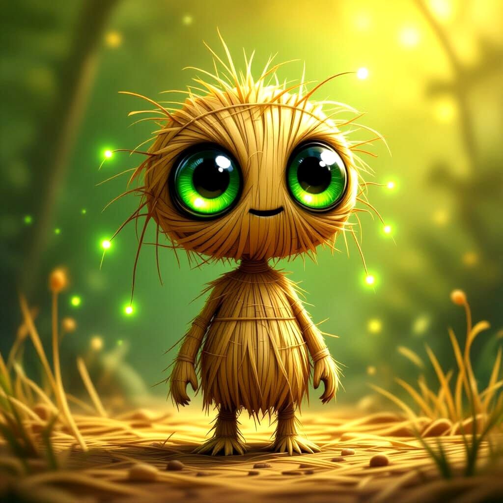 Eerie Straw Creature with Glowing Fibers in Digital Painting