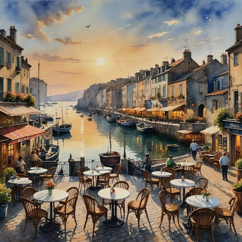 French Cafe at Sunset: A Watercolor Painting