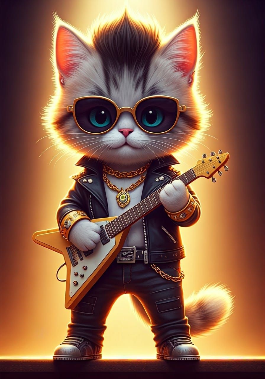 Rock Star Cat with Sunglasses in 3D Style