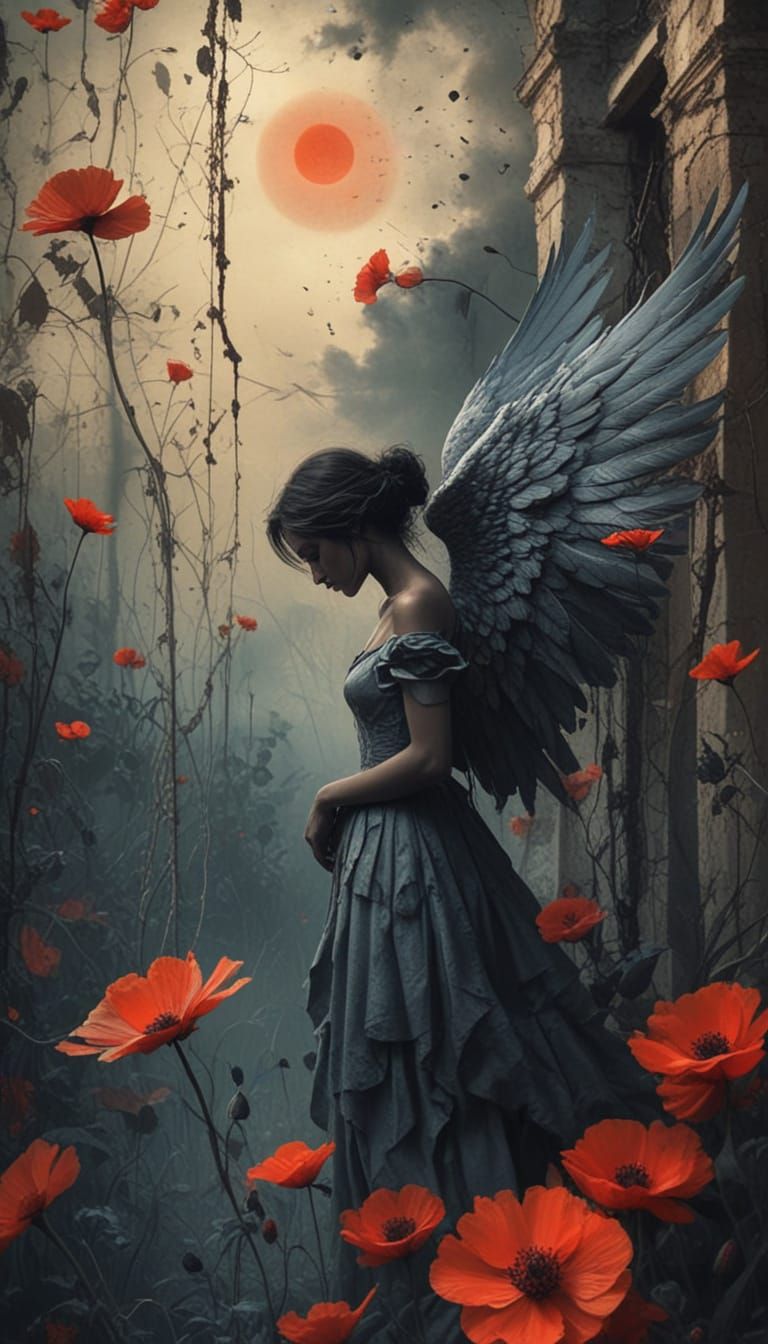 Sorrowful Angel in Poppy Field: Dark Surrealism