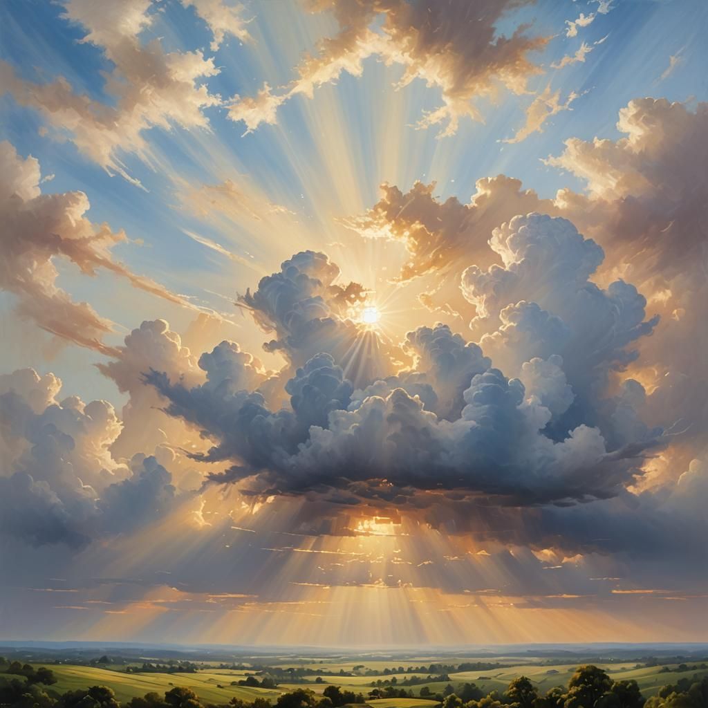 Ethereal Landscape Painting with Divine Sunshine