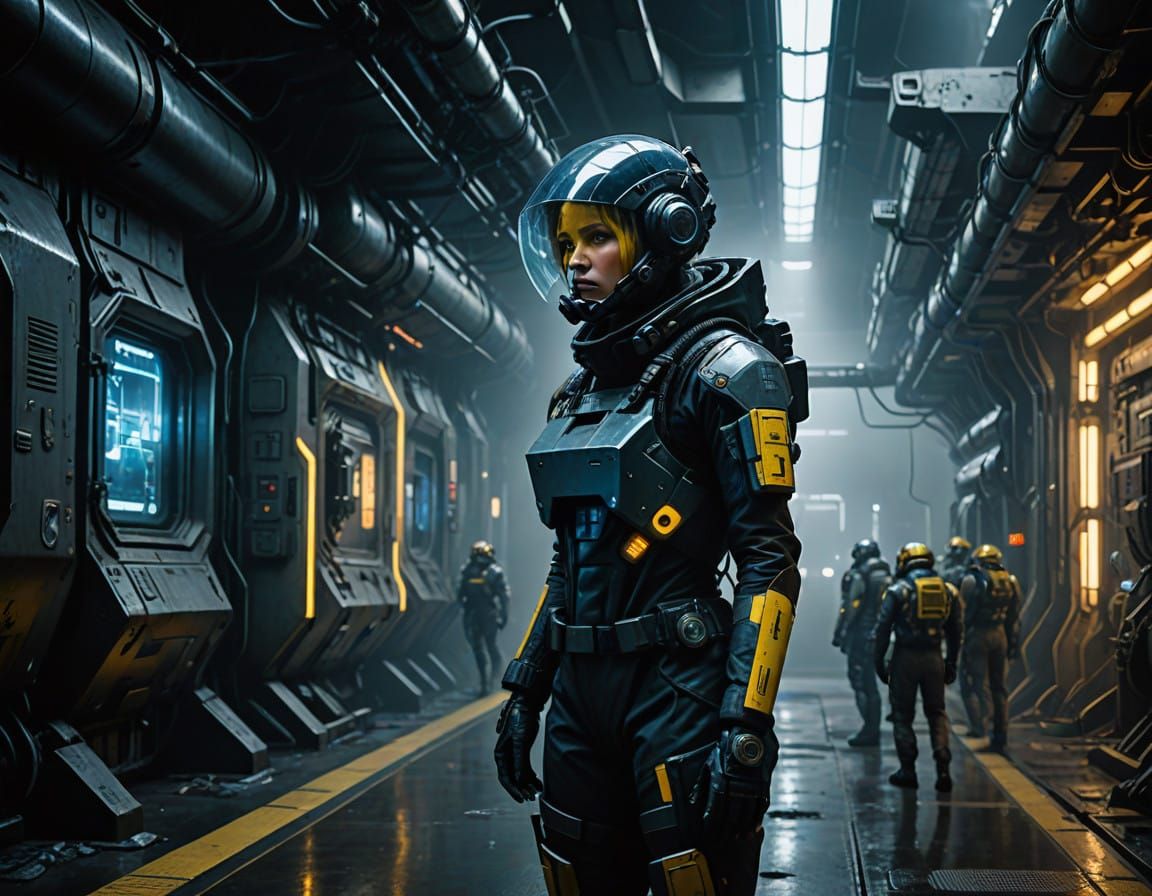 Cyberpunk Repair Diver in Dystopian Starship