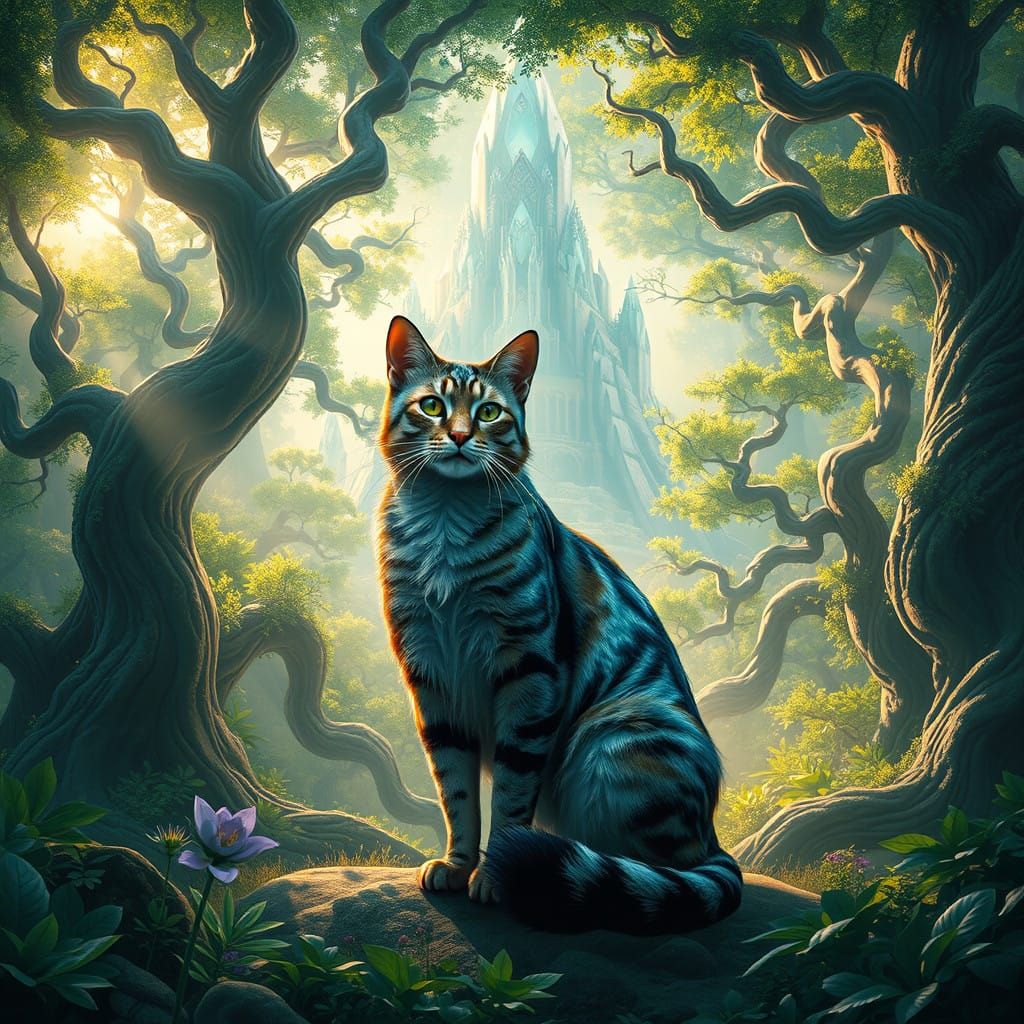 Regal Cat in Enchanted Realm with Ancient Trees and Crystal...