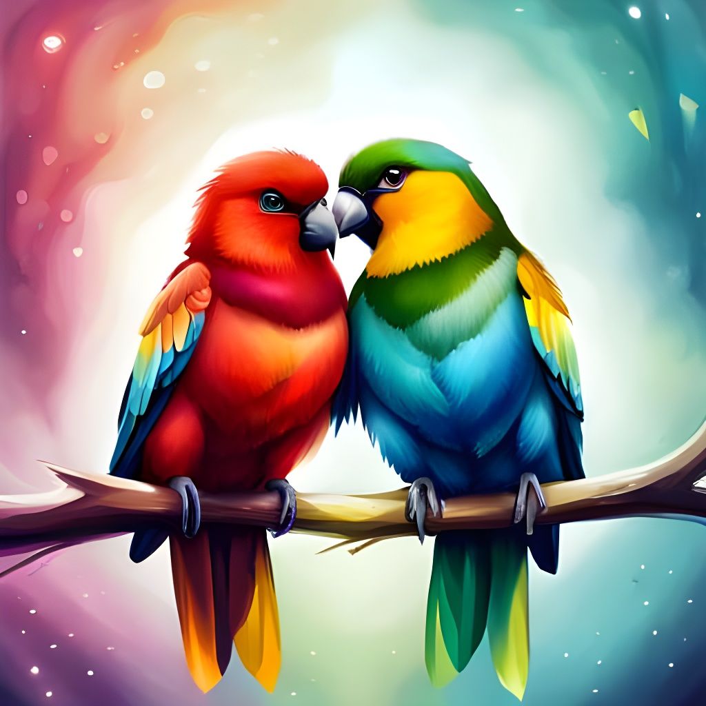 Rainbow Birds Kissing in Fantasy Forest