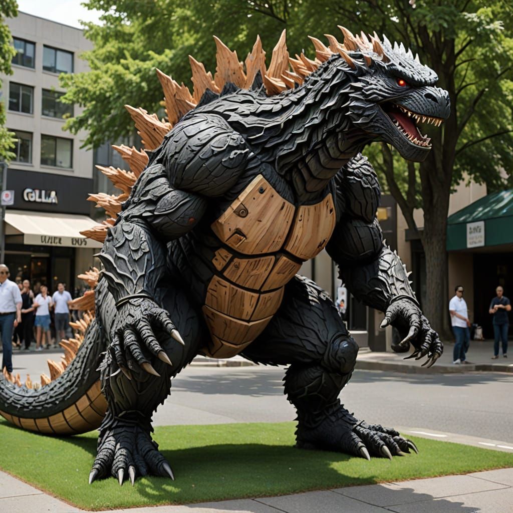 Godzilla as a Wooden Living Statue