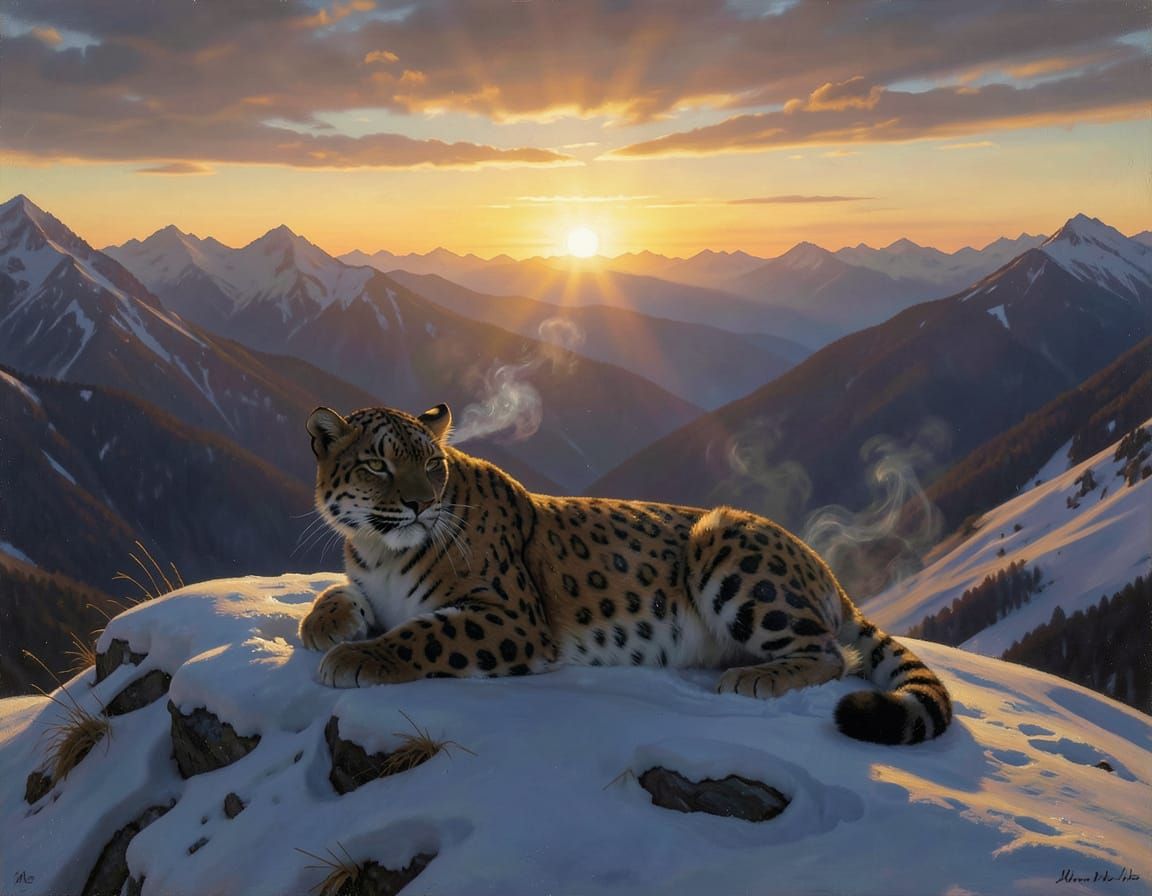 Snow Leopard at Sunrise on Mountain Ridge