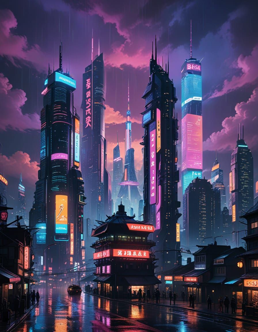 Cyberpunk Metropolis at Night: Neon Skyscrapers & Flying Veh...