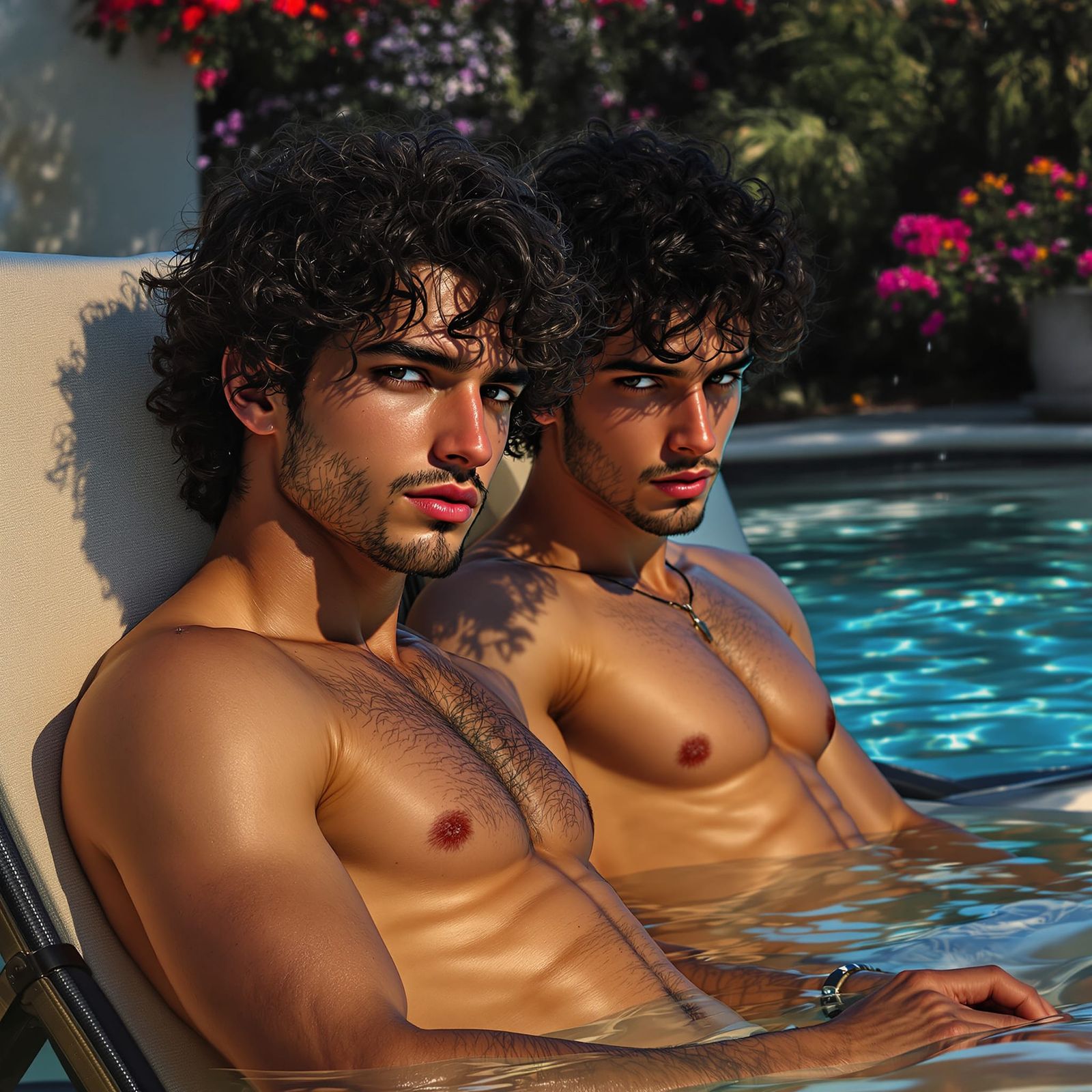 Italian Twins Relaxing by Poolside in Dark Fantasy Style