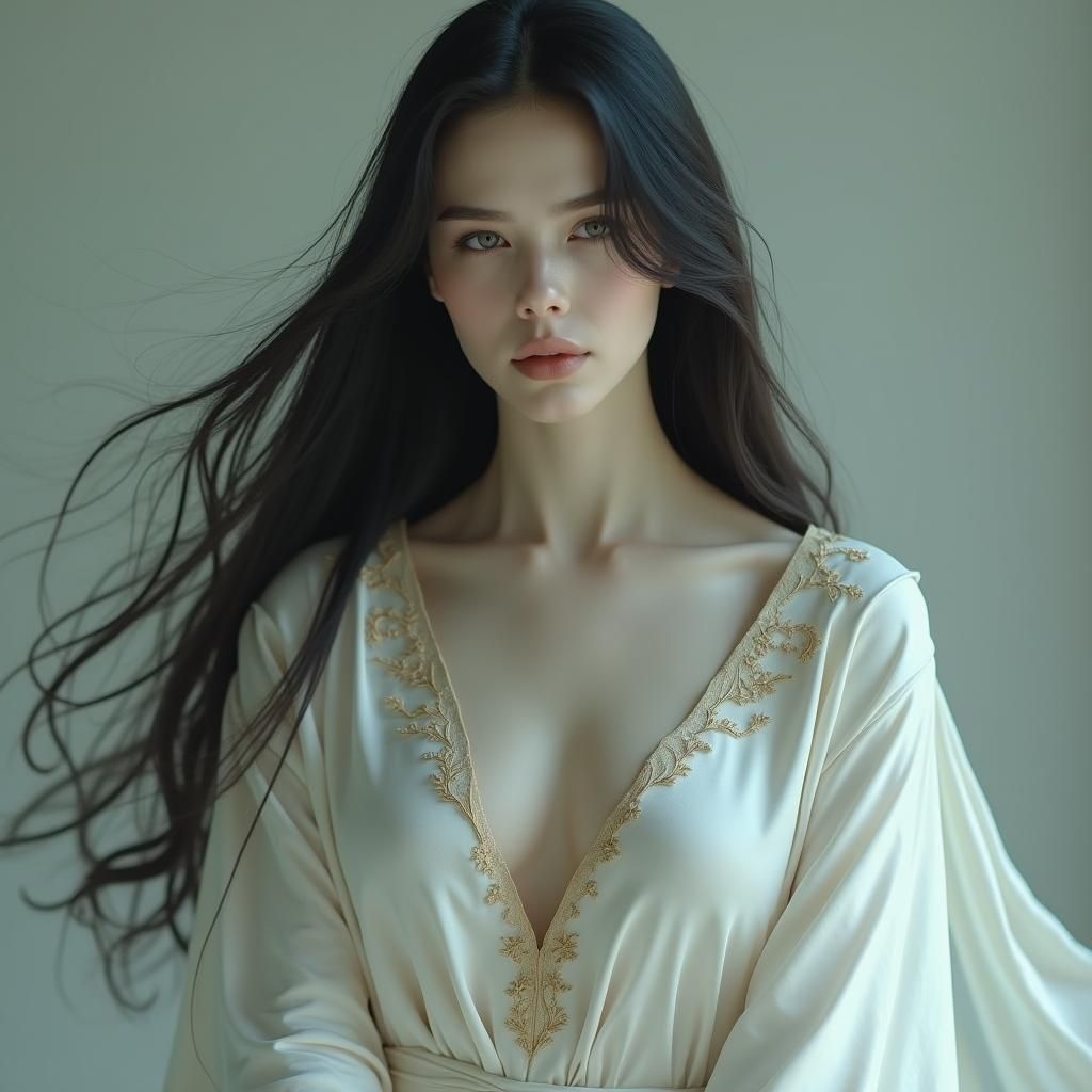 Ethereal Woman in White Robe: Cinematic Matte Painting
