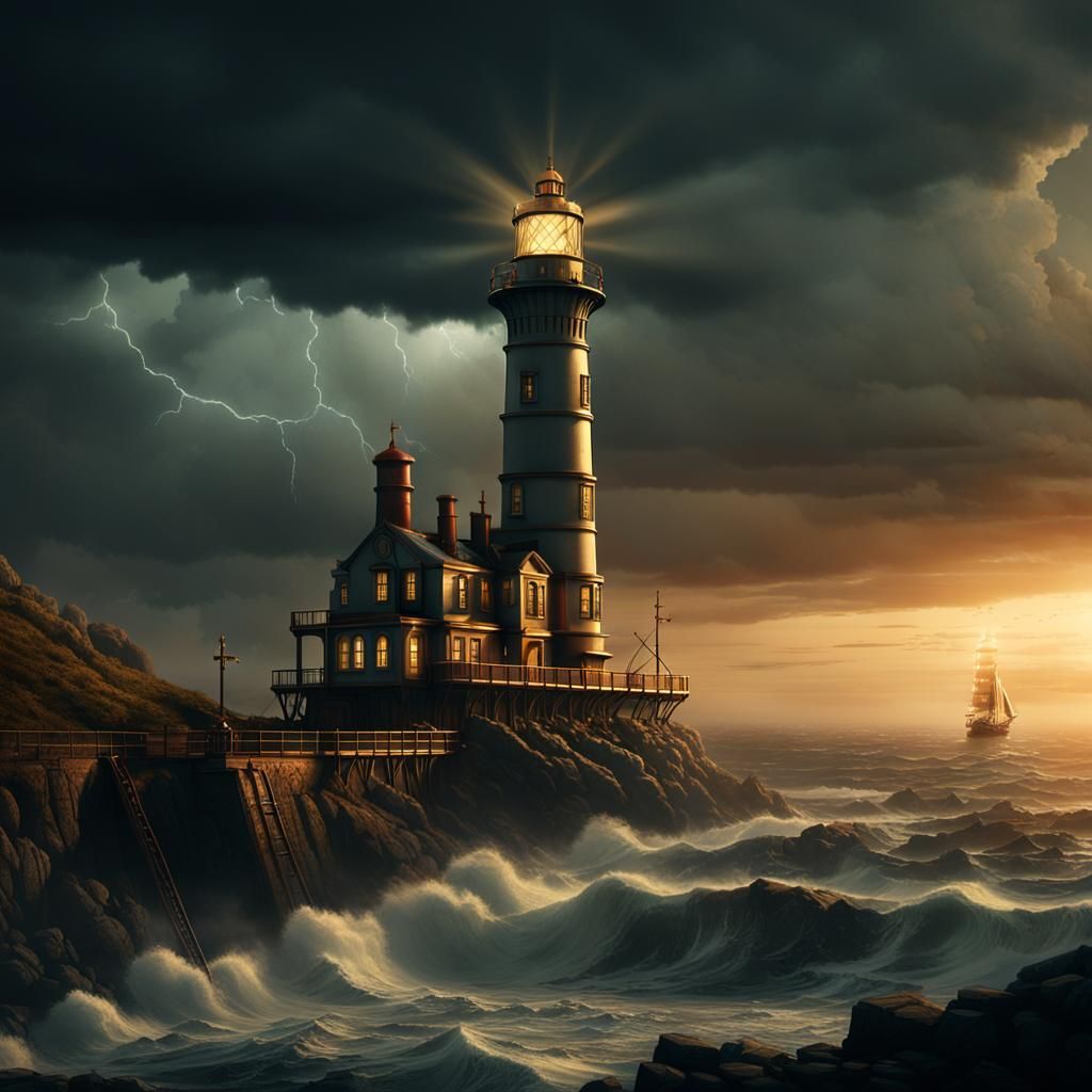 Steampunk Lighthouse at Night During Storm