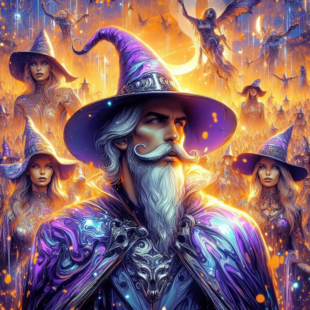 Warlock Surrounded by Witches: A Dark Fantasy Scene