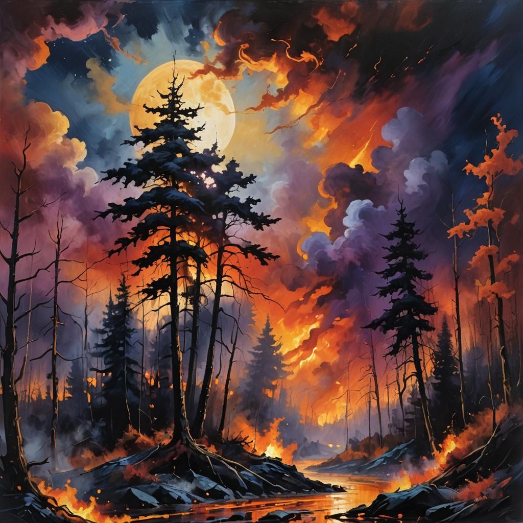 Expressionist Forest Fire Under a Red Moon