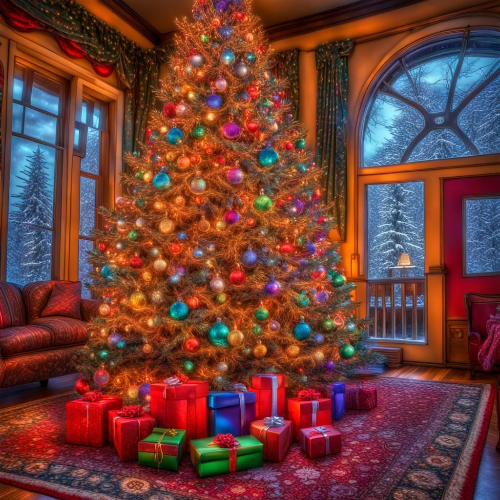 Psychedelic Christmas Tree with Gifts and Snow