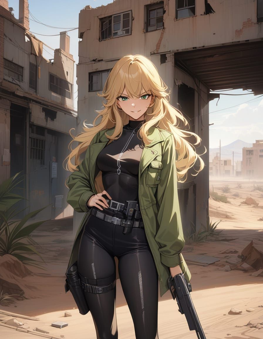 Retro Anime Bounty Hunter in Abandoned Desert Town