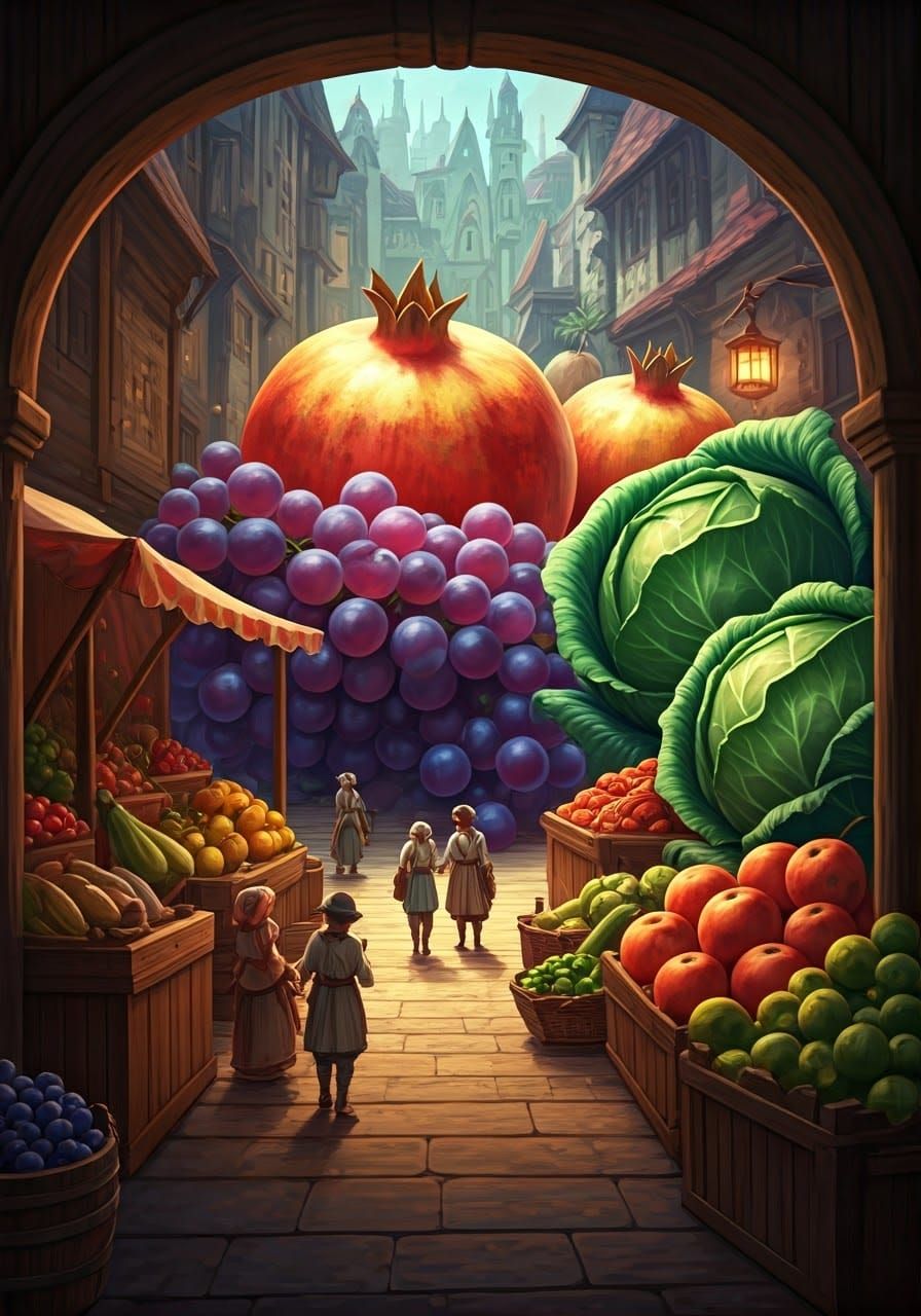 Vibrant Harvest in Whimsical Fantasy Marketplace