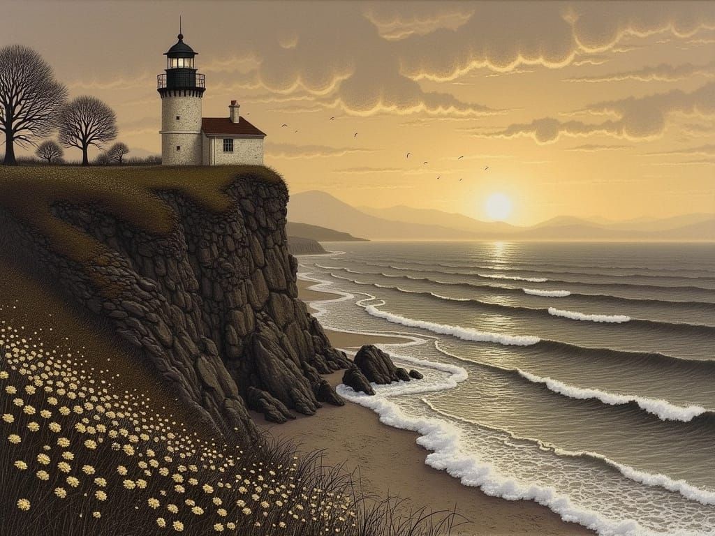 Stormy Sunset Lighthouse Amidst a Verdant Cliffside