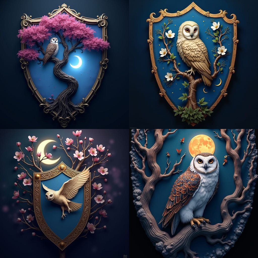 Fantastical Shield of Arms with Owl, Dogwood Tree, and Cresc...