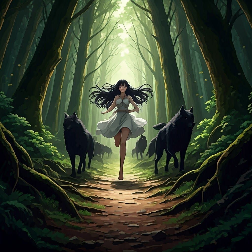 Dynamic Woman Runs with Wolves in Anime Style