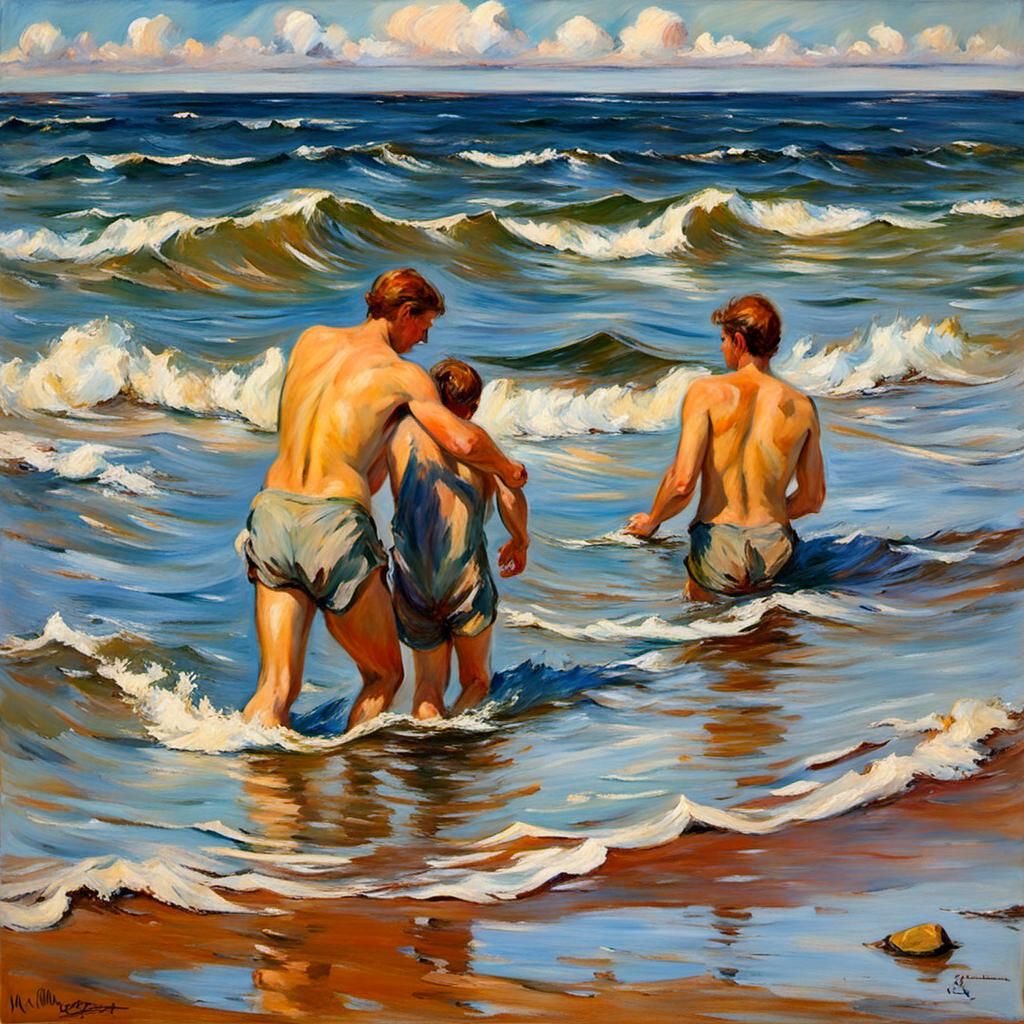 Bathers Painting in Impressionist Style