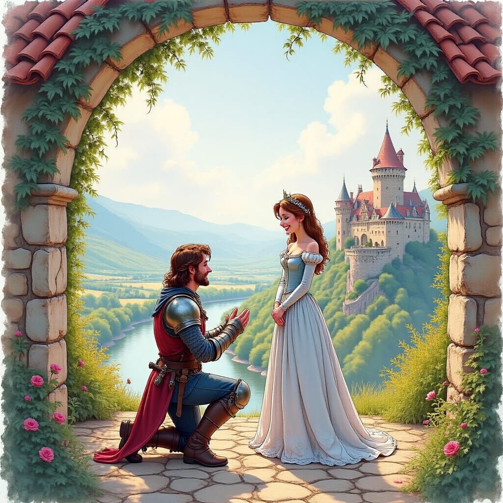 Knight Proposes to Smiling Princess in Flowery Portal