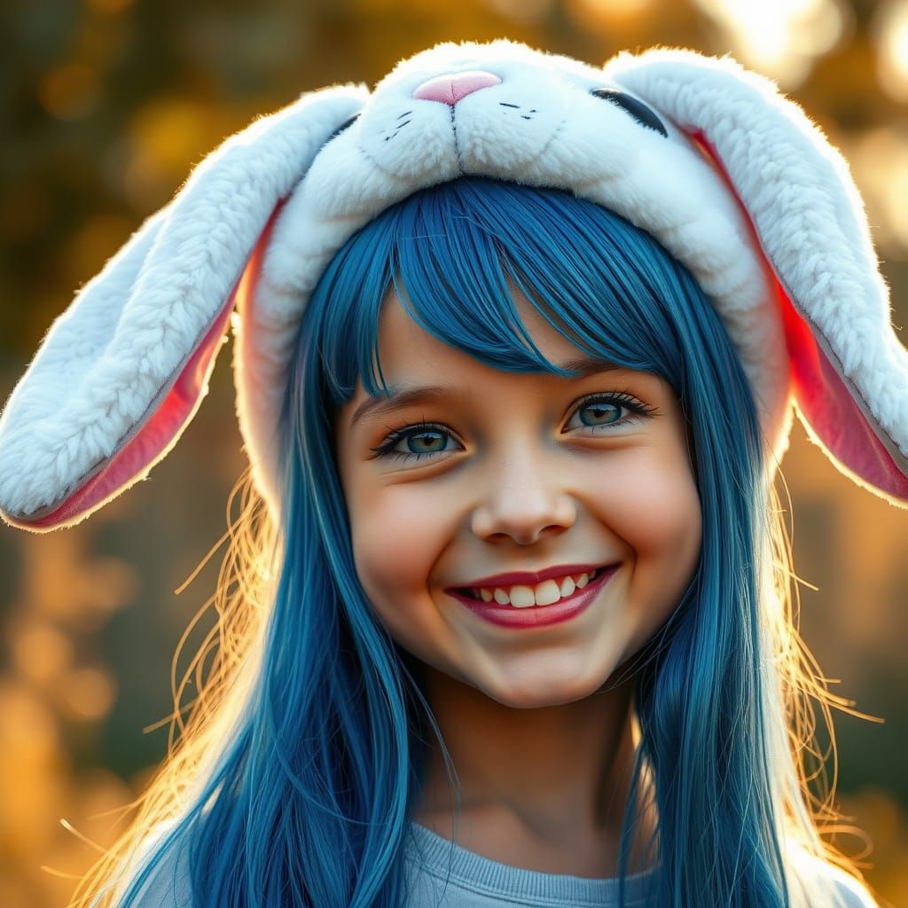 Girl in Rabbit Hat with Blue Hair in Golden Hour Light