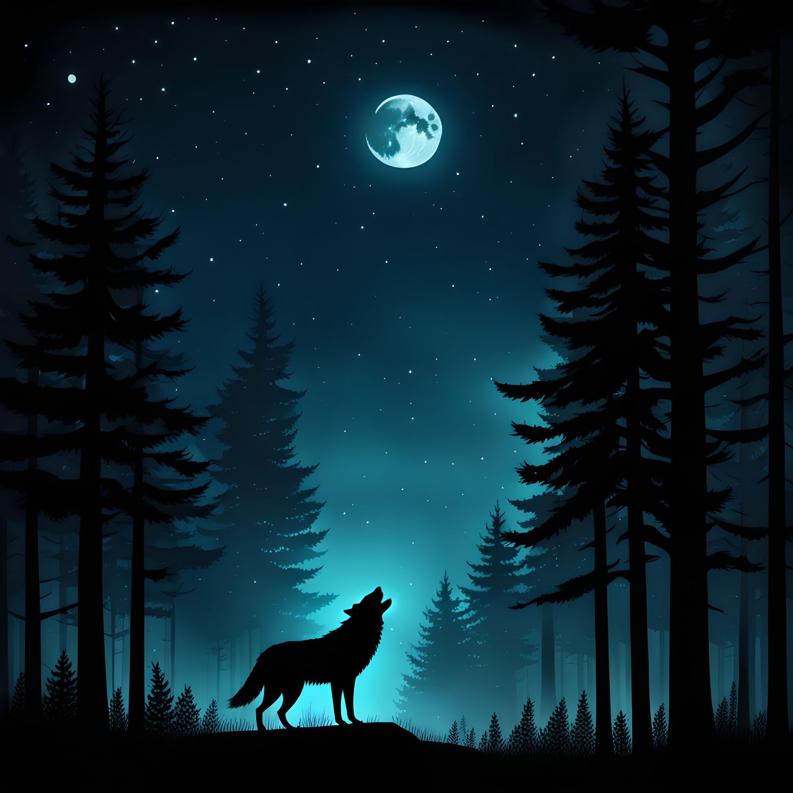 Wolf Silhouette Howling at Moonlit Forest