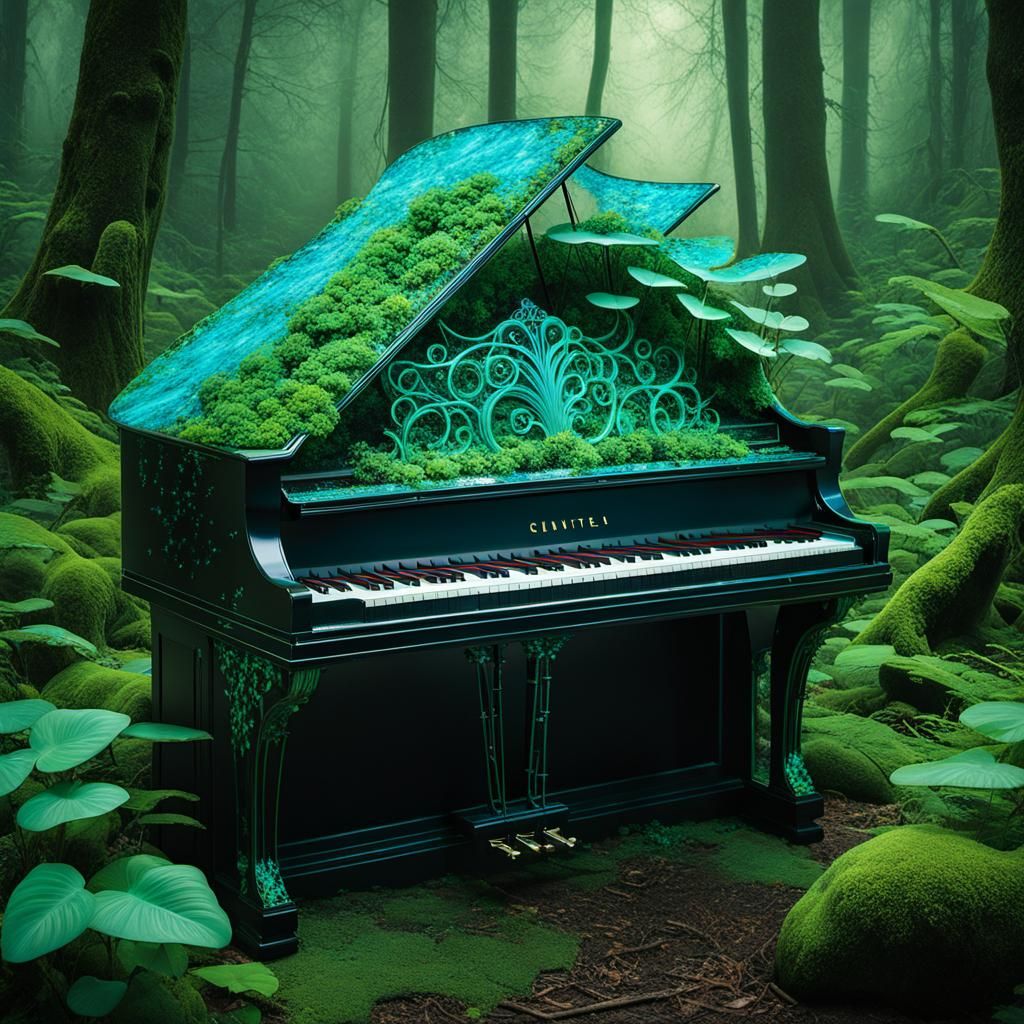 Bioluminescent Piano in Lush Forest