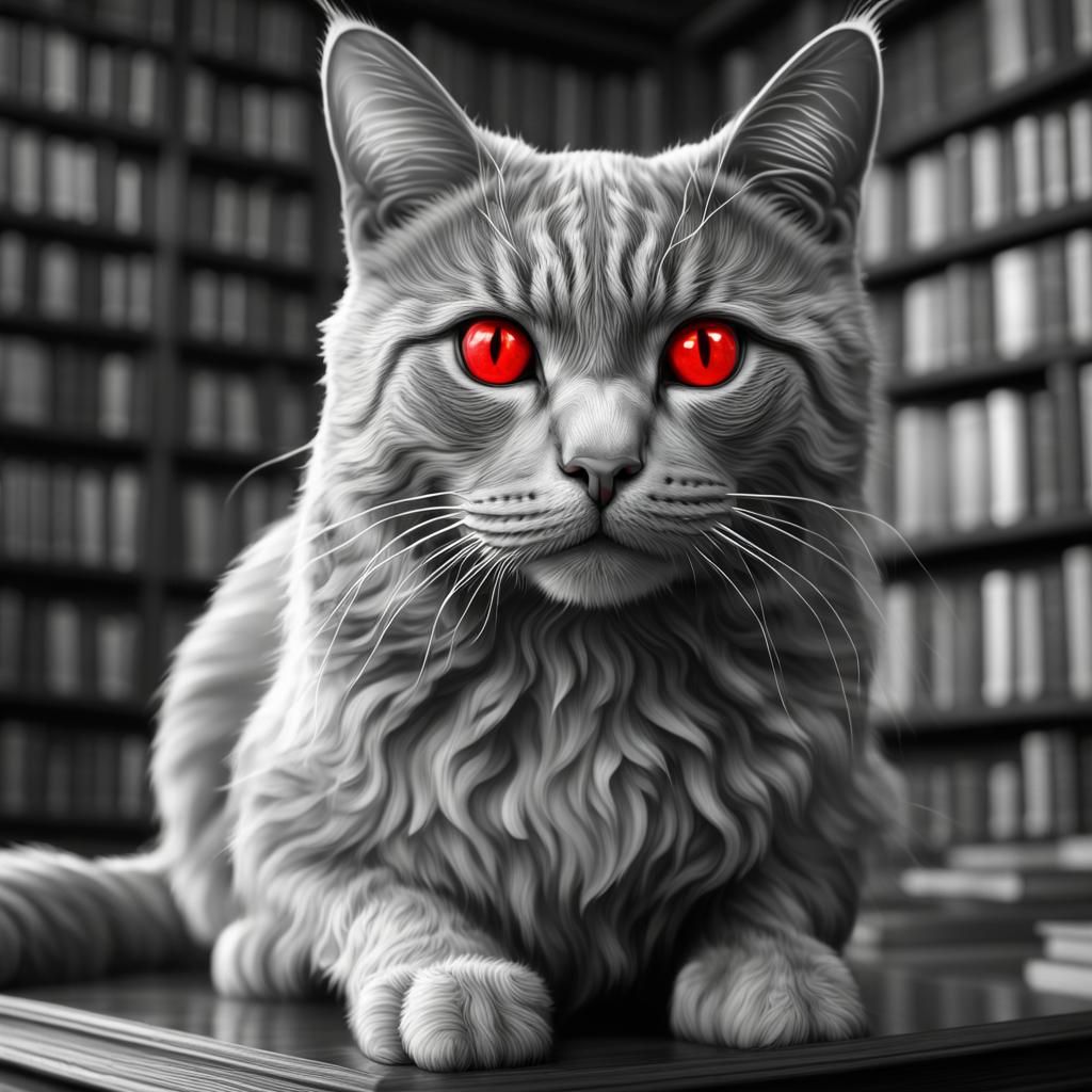 Adorable Grayscale Cat with Red Eyes in Library