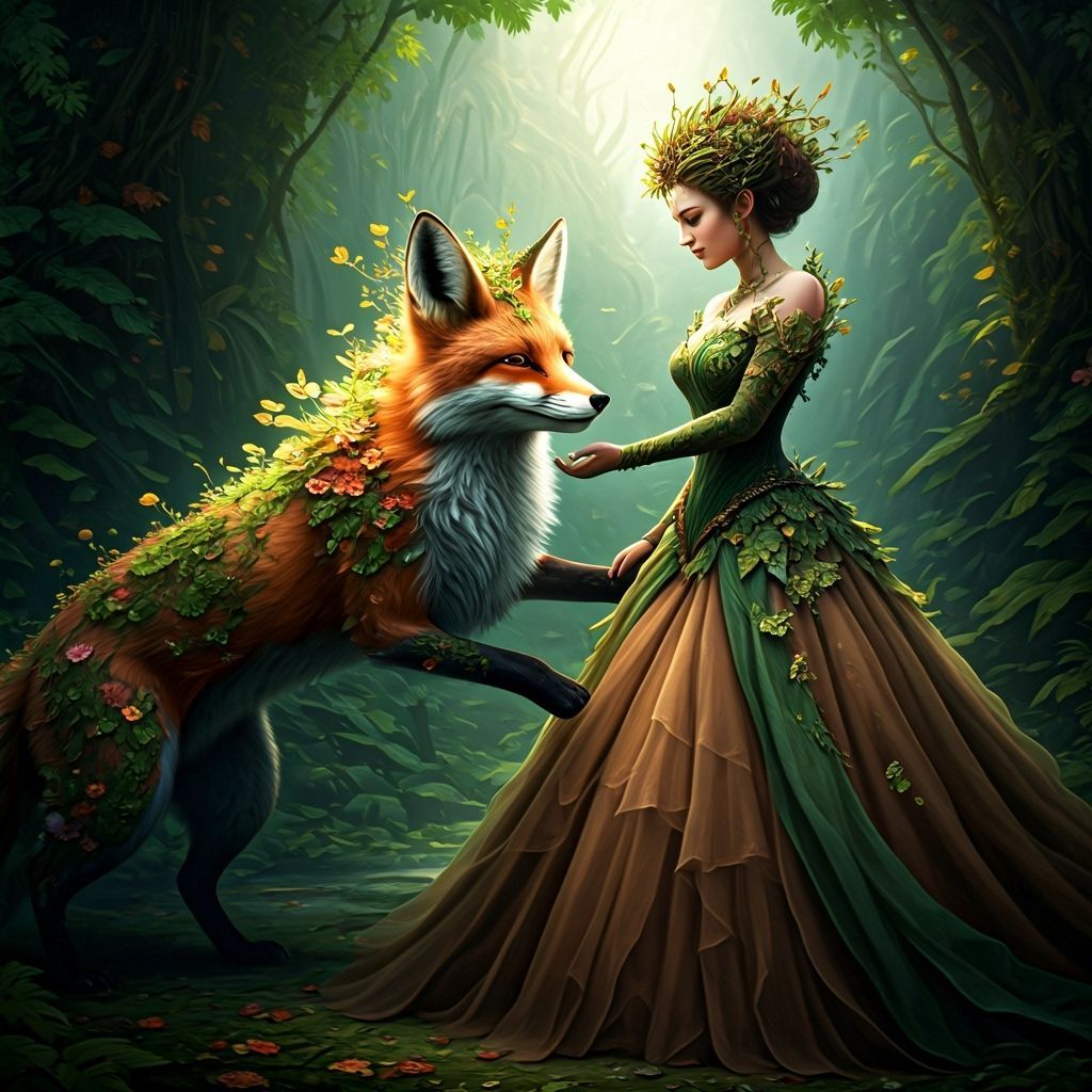 Earth Queen and Elemental Fox in Fantasy Style