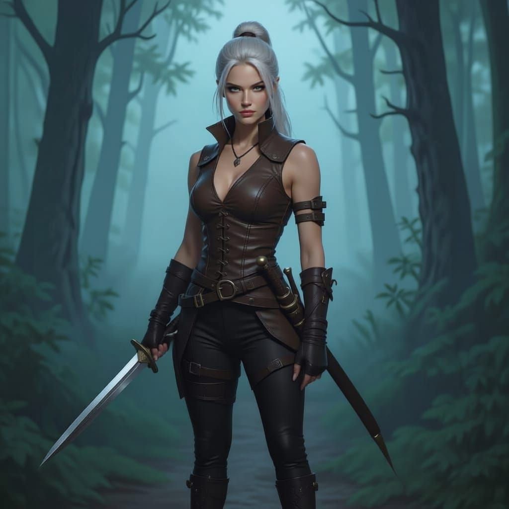 Fantasy Warrior in Twilight Forest with Sword and Dagger