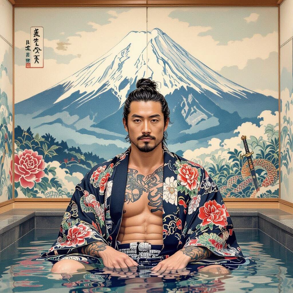 Kimono Man in Bathhouse with Mount Fuji Mural