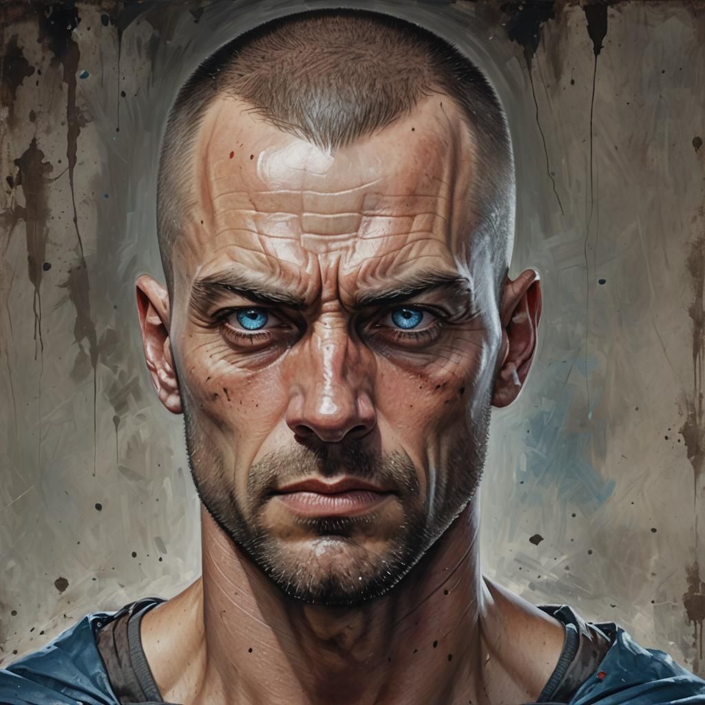 Hyperrealistic Portrait of a Scowling Superhero Convict