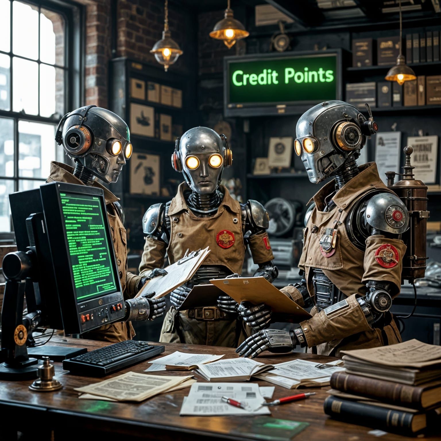 Steampunk Robots Reviewing Credits in Dark Office