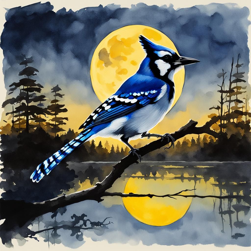 Bluejay Silhouette Under Yellow Moon, Gouache and Ink