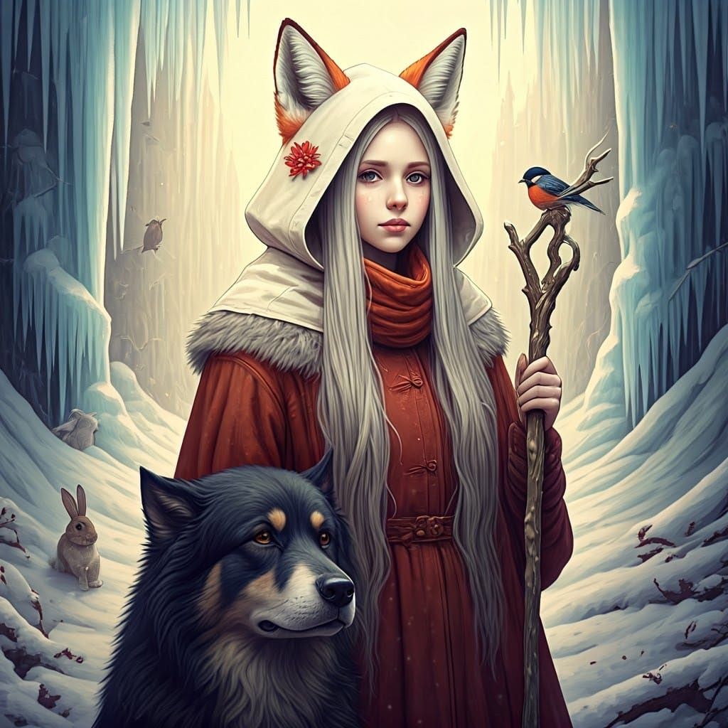 Mystical Woman and Fox-Like Dog in Winter Wonderland