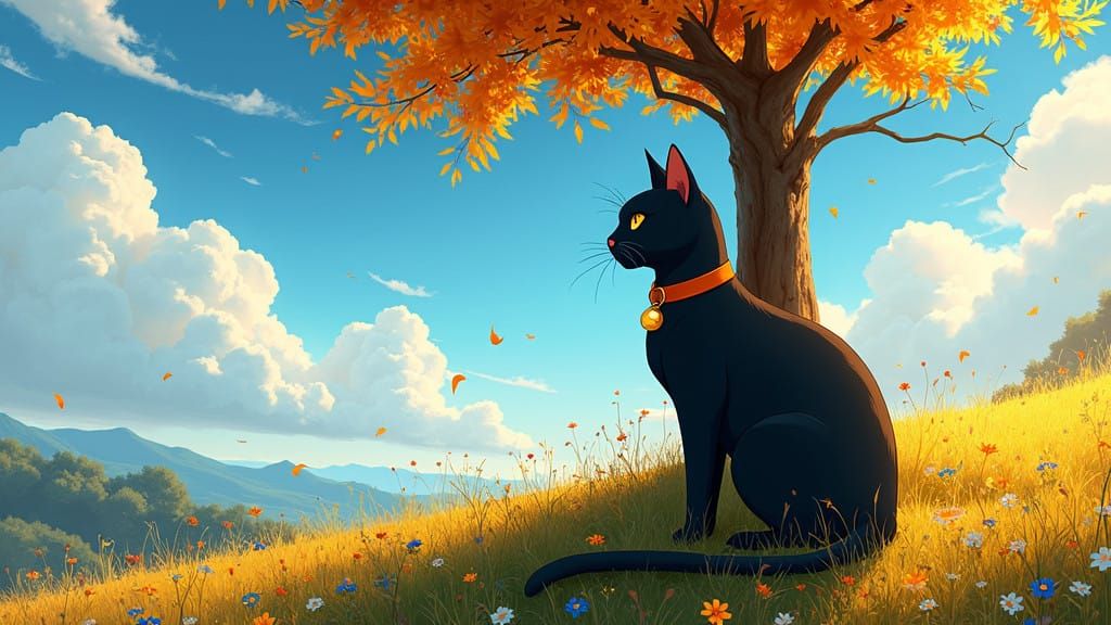 Majestic Black Cat in Vibrant Anime Style
