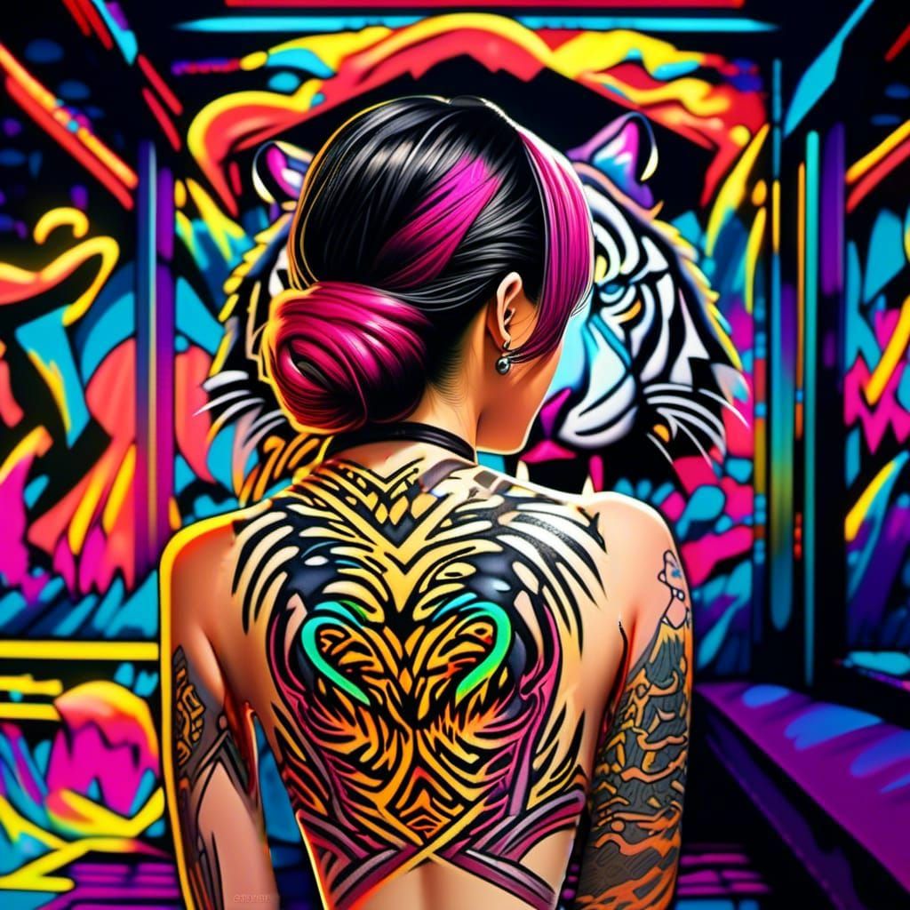 Rockabilly Maiden with Tiger Tattoo in Graffiti Art Style