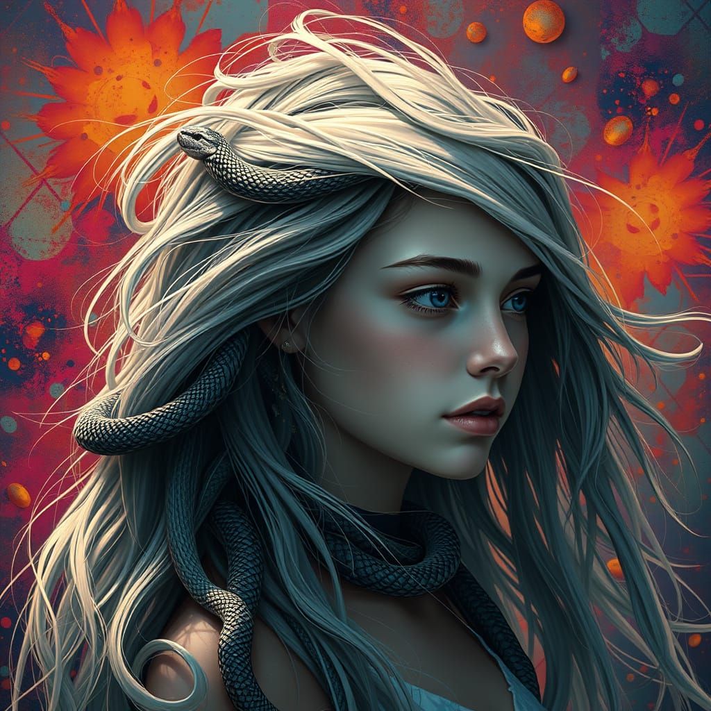 Medusa with Flowing Snake Hair, Hyperrealistic Art