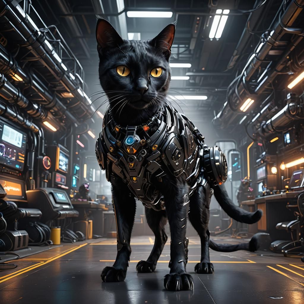 Cybernetic Cat in Biopunk Tech Lab Render