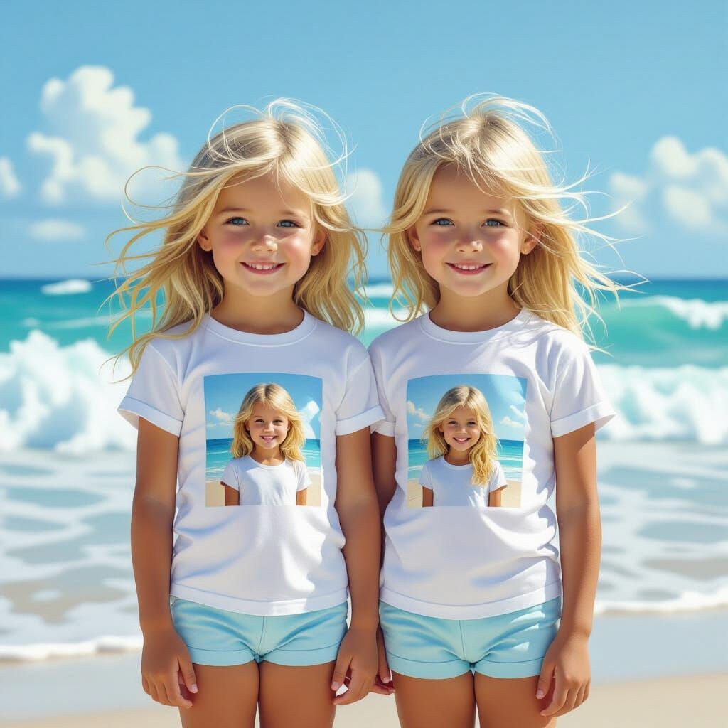 Twin Girls Smiling on Beach as Waves Crash