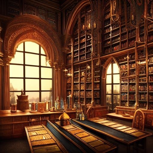 Fantasy Library with Glowing Potions: Digital Matte Painting