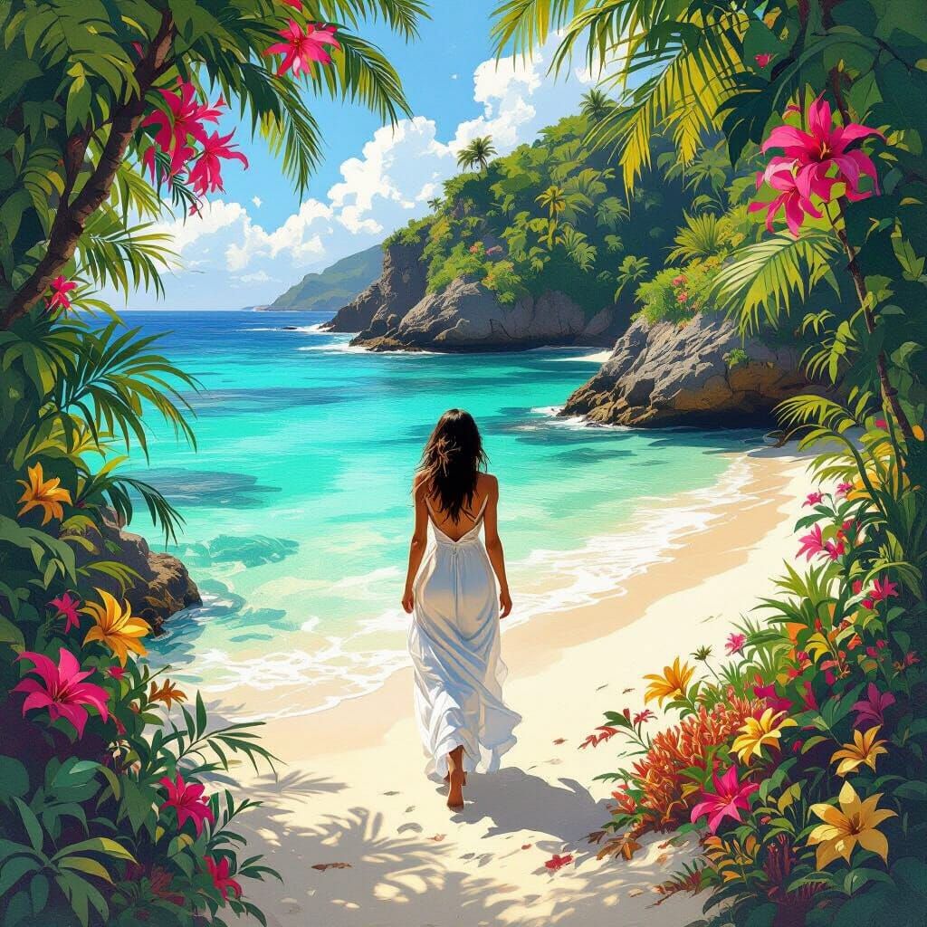 Serene Woman in Hidden Cove, Painterly Style