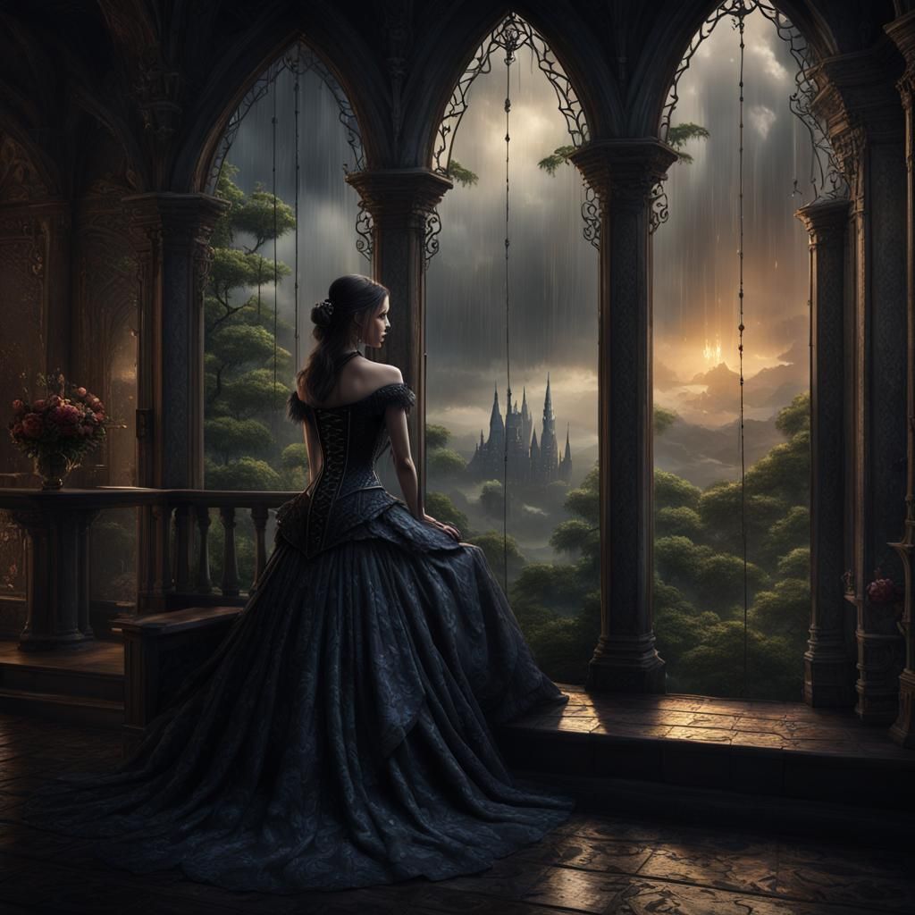 A woman in a gothic corset dress, sitting in a gazibo watchi...