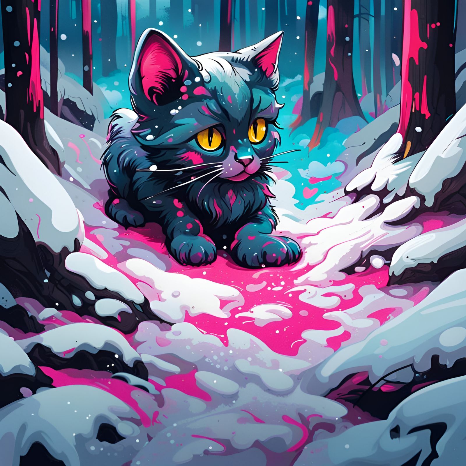 Lost Kitten in Snowy Forest Graffiti Art