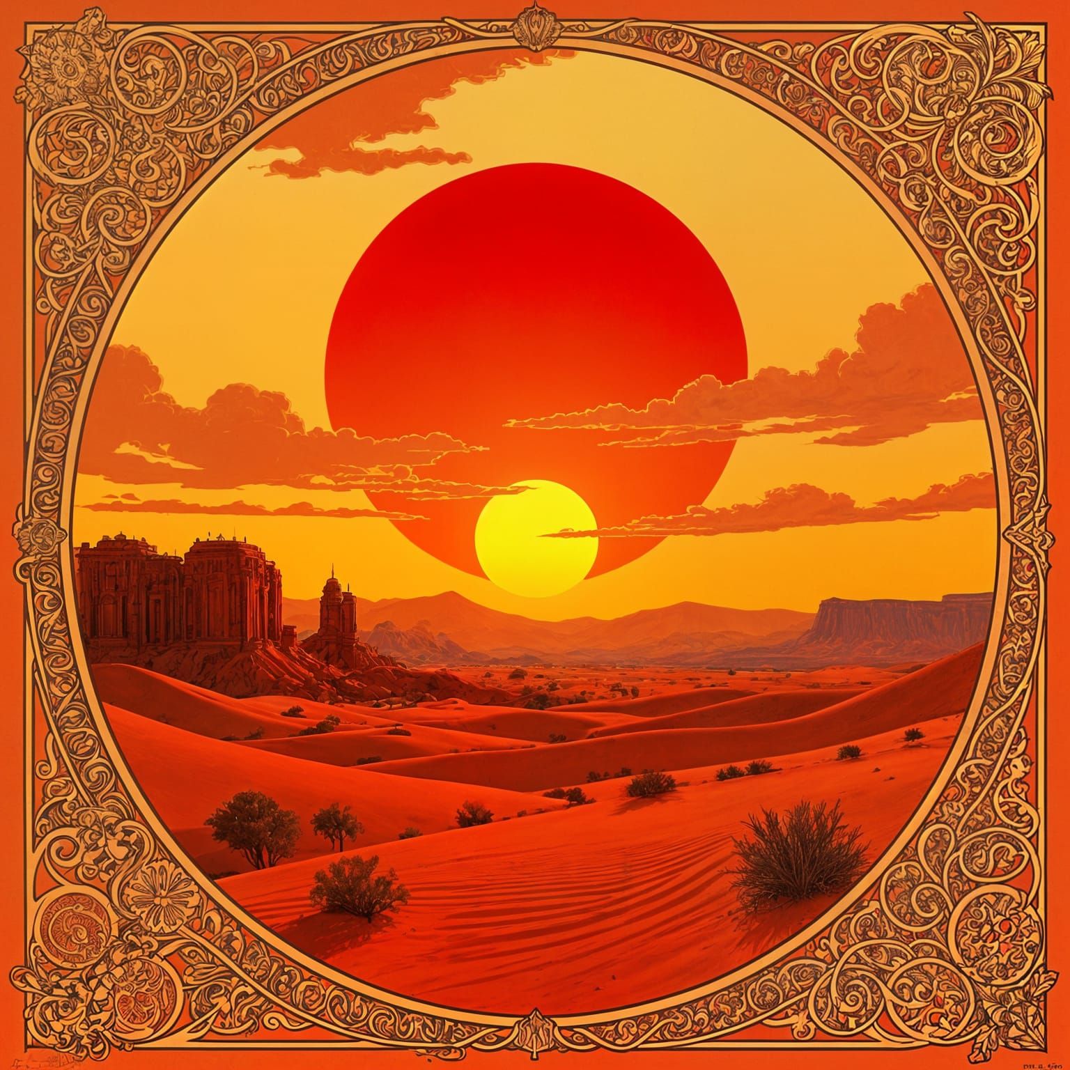 Red Desert Sunset in Art Nouveau Style