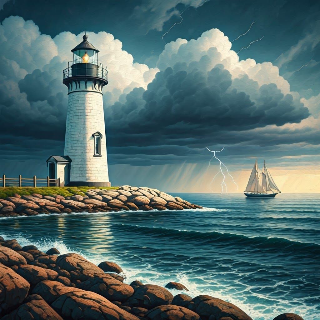 Majestic Lighthouse on Rocky Shoreline in a Dramatic Stormy...